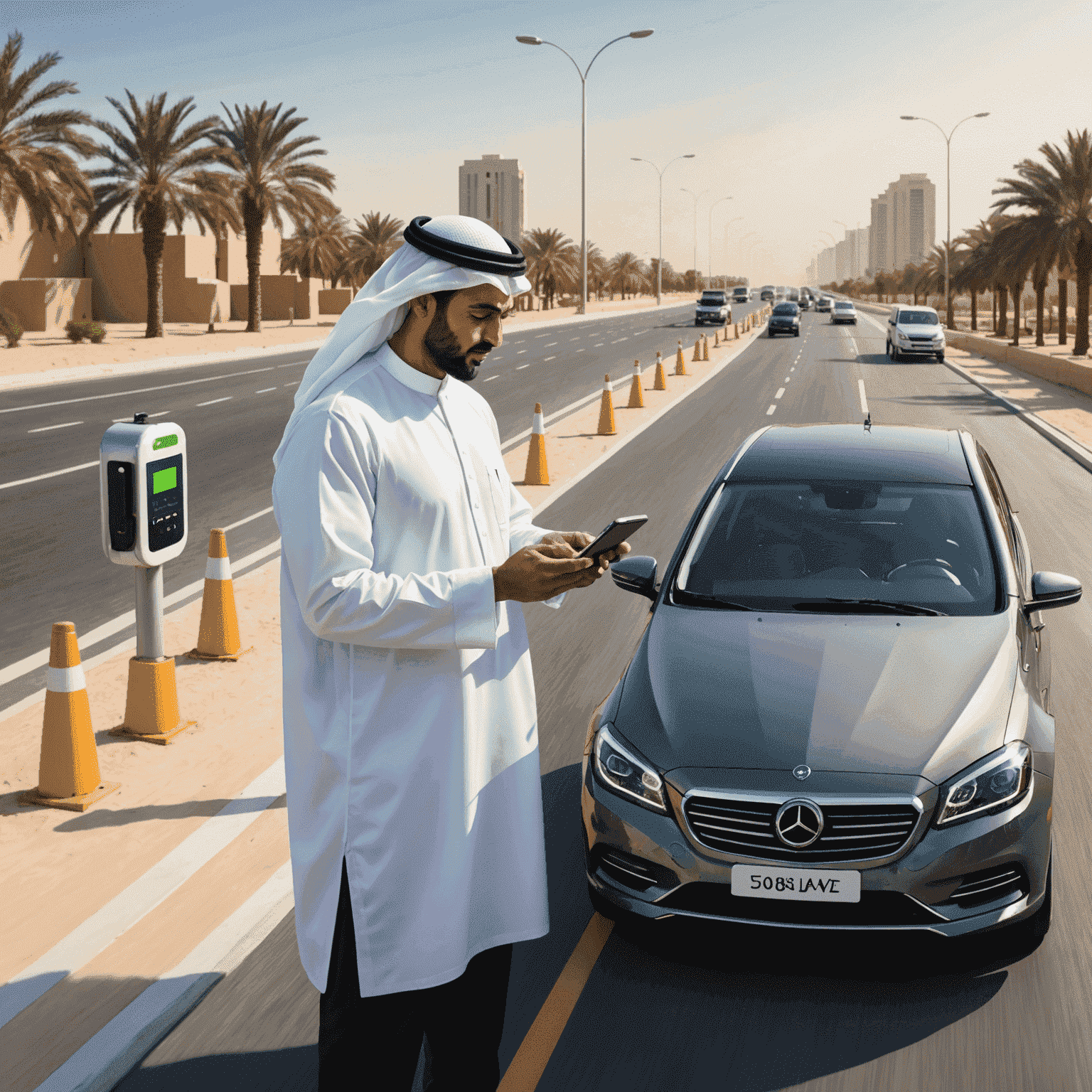 Illustration of a person using a smartphone to recharge their road and transport plans in UAE