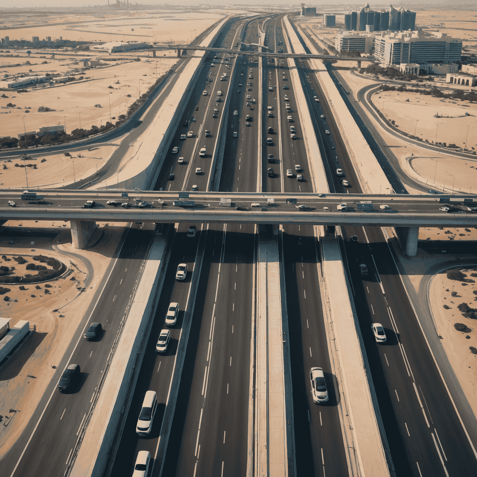 Aerial view of a busy highway in UAE with electronic toll collection system