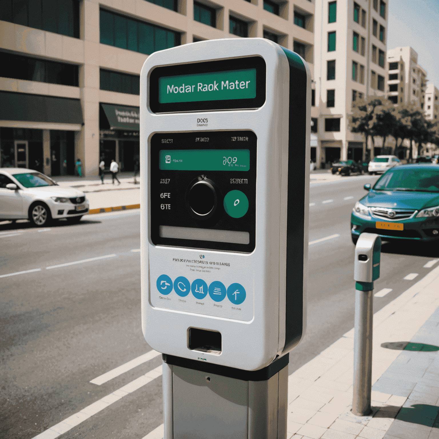 Modern parking meter on a city street in UAE, allowing drivers to easily pay for parking and top up their road transport plans